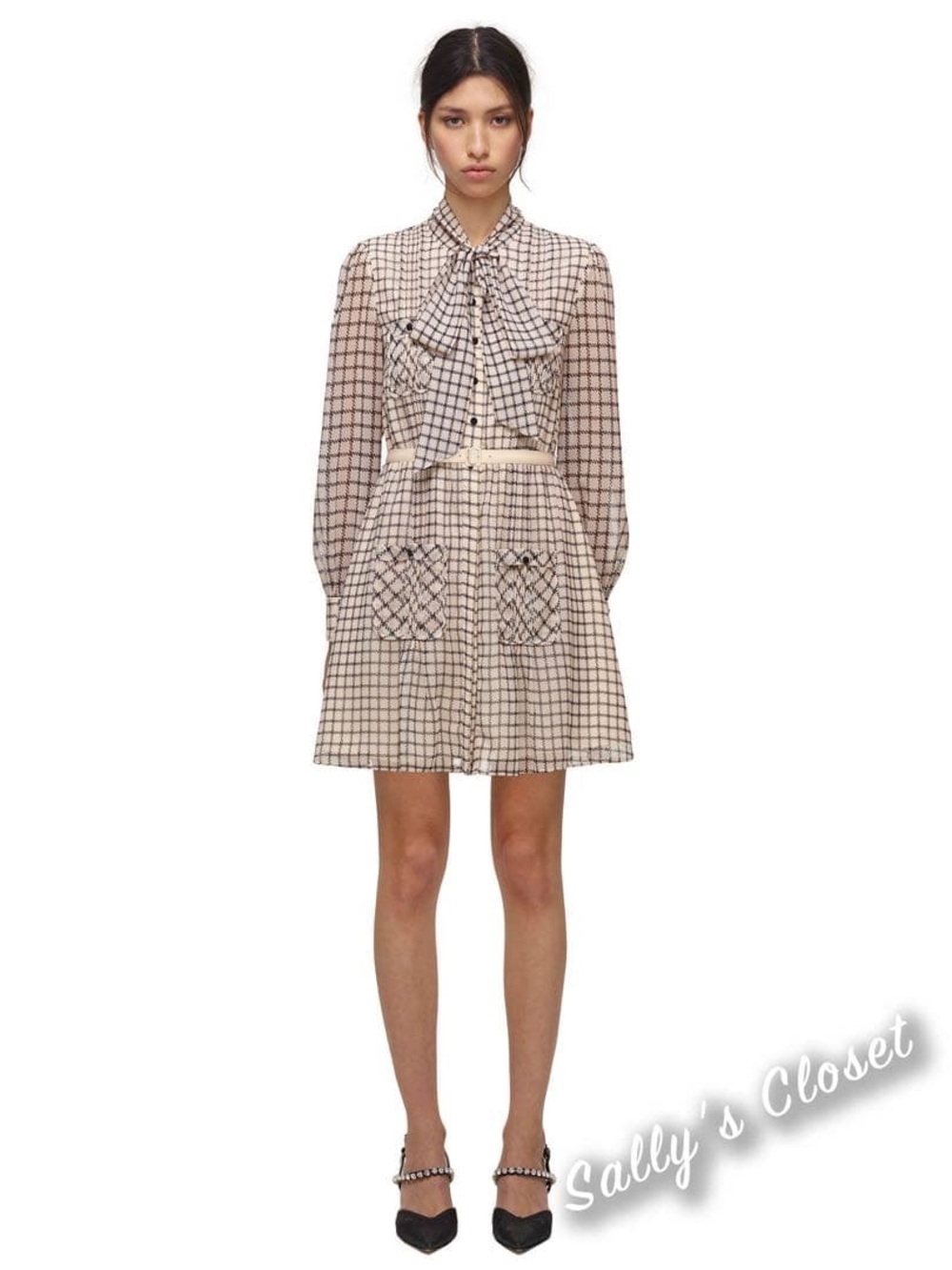 Self portrait Plaid Bow-Front Long Sleeve Skirt Dress in Cream and Black
